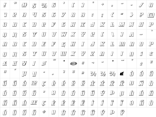 Lifeforce 3D Italic Italic  glyph index