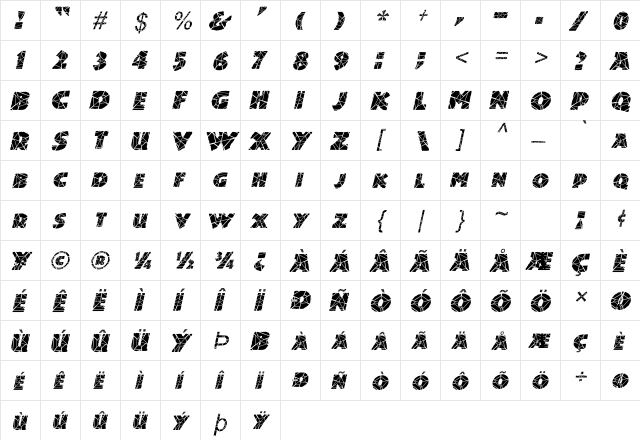 Dinosuaria-Cracked Italic  glyph index