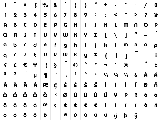 Puente-Medium Regular  glyph index