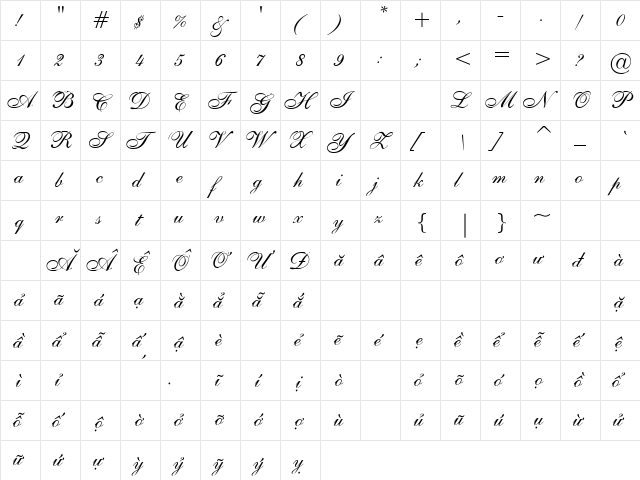 .VnShelley Allegro Regular  glyph index