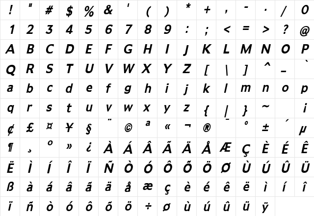 Adams Condensed Bold Italic  glyph index