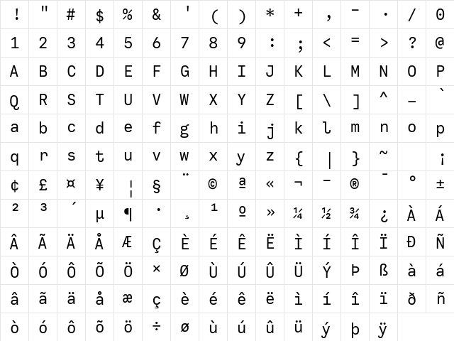 Calling Code Regular  glyph index