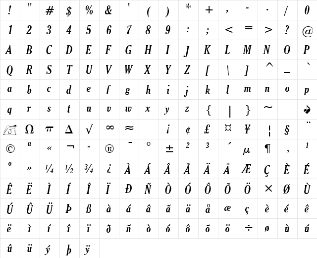 Thyssen J Italic  glyph index