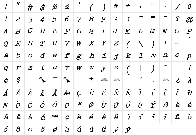 Speedwriter Normal  glyph index