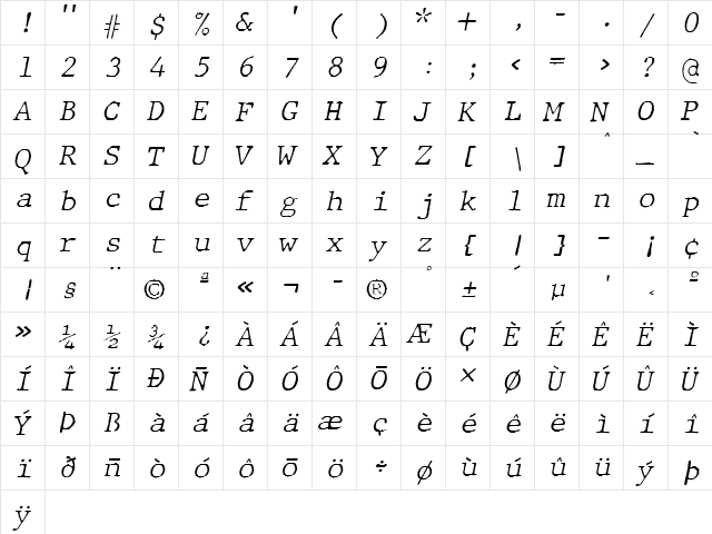 JMH Typewriter mono Fine Italic  glyph index