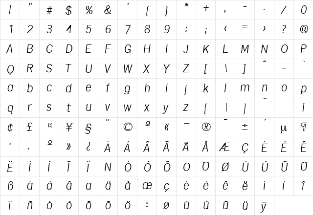 Hamburg-Serial-ExtraLight RegularItalic  glyph index