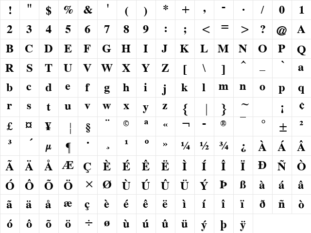 Old-Times Bold Regular  glyph index