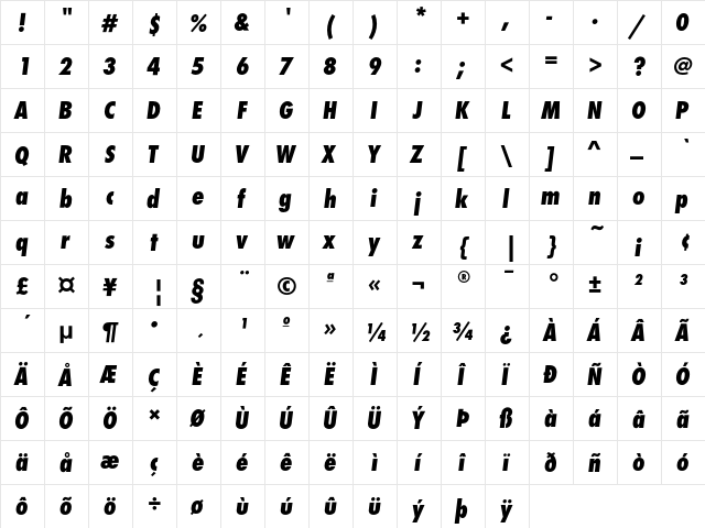 FuturaEF ExtraBoldCondObl  glyph index