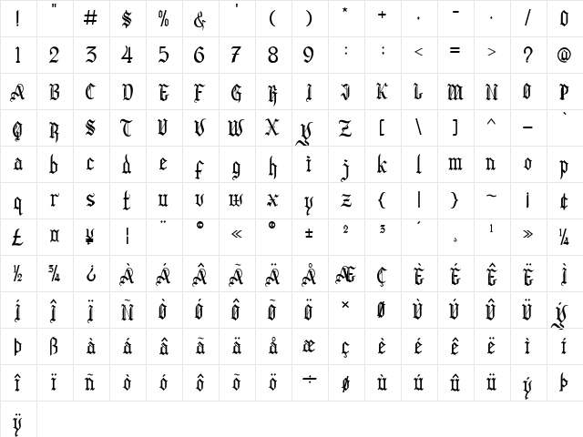 Black Clover Font Regular  glyph index