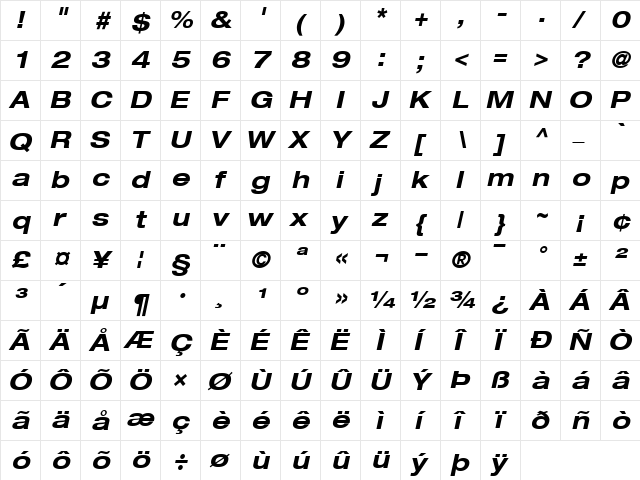 Helvetica73-Extended BoldItalic  glyph index