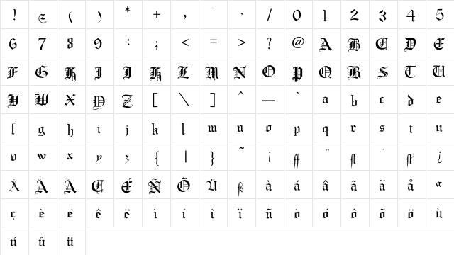 BobGothic Regular  glyph index