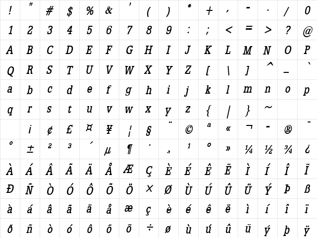 Eggo-Condensed Bold Italic  glyph index