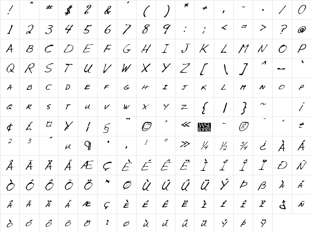 AlexsHand Italic  glyph index