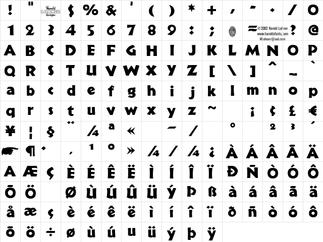 BrideRegular Regular  glyph index