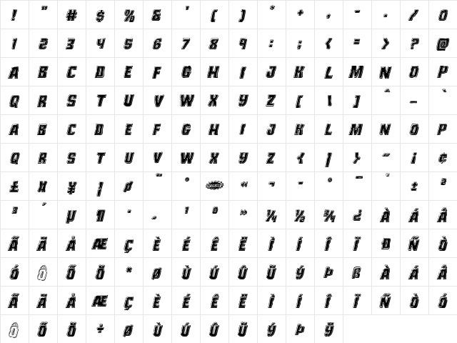 Monster Hunter Bevel Italic Italic  glyph index