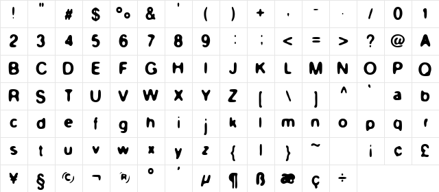 Atomic Suck Bold Regular  glyph index