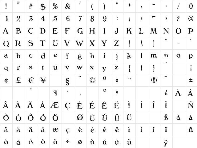VeronaRandom Regular  glyph index