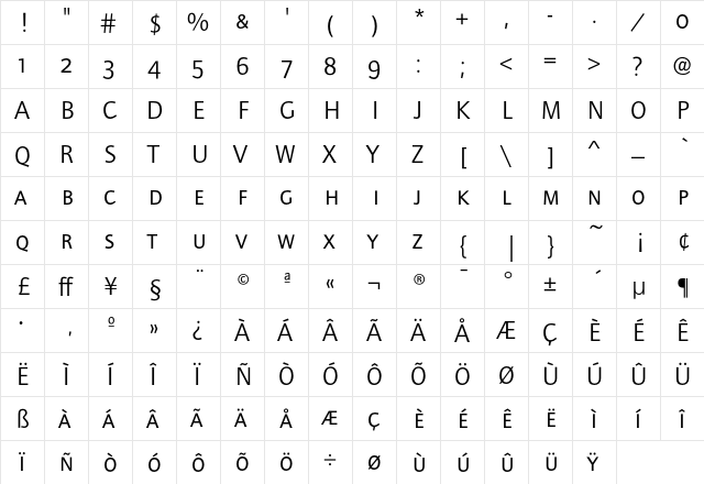 FoundryJournalSC-Book Regular  glyph index