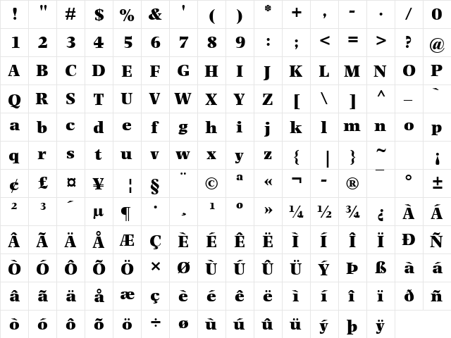 Photina MT Ultra Bold Regular  glyph index