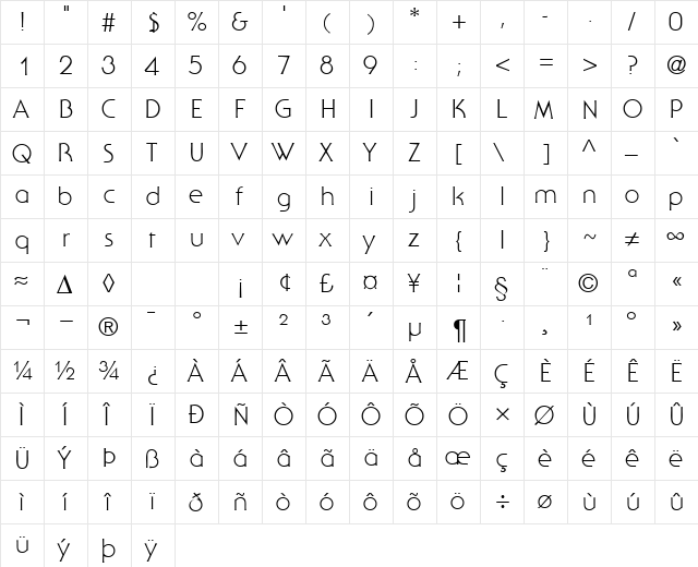 SerenadeTwoLight Regular  glyph index