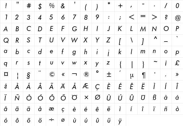 Futura BQ Regular  glyph index