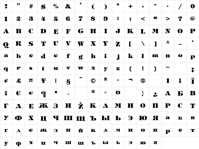 Tiff-HeavyUkraine Light  glyph index