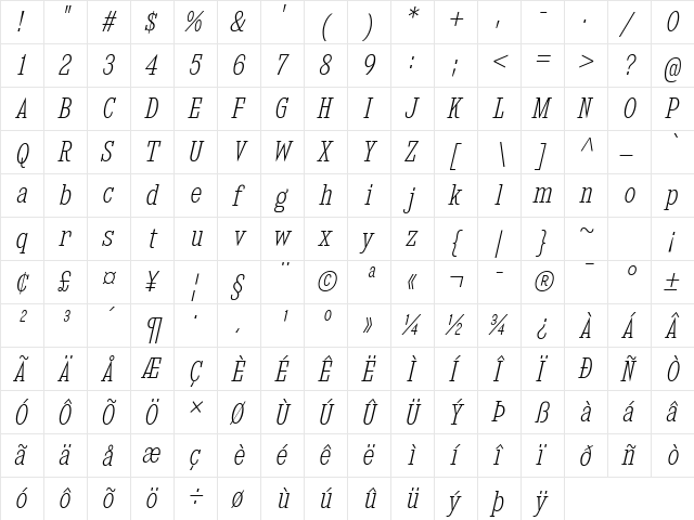 Kingsbridge Condensed ExtraLight Italic  glyph index