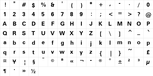 ZurichGreek BT Bold  glyph index
