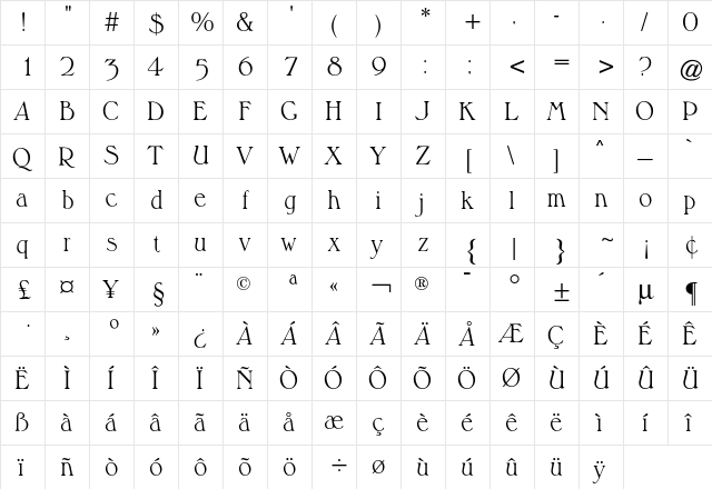 Musketeer CG Light Regular  glyph index