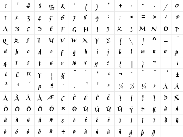 Humana Script ITC Std Bold  glyph index