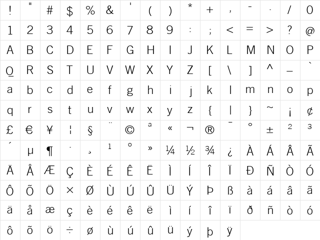TraditionSansXLight Regular  glyph index