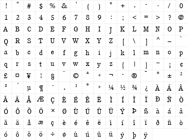 Cushing LT Book Regular  glyph index