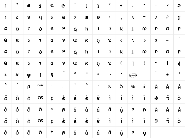 Erin Go Bragh Condensed Condensed  glyph index
