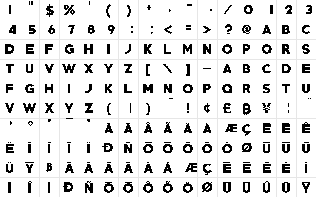 PRIMETIME Regular  glyph index