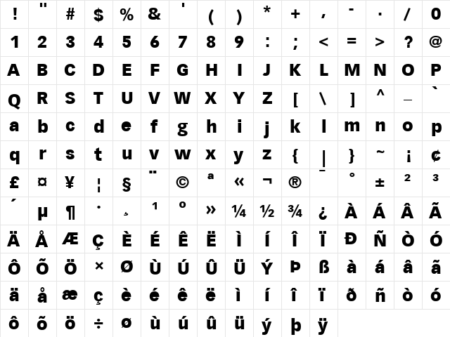 Vectora LH Bold  glyph index