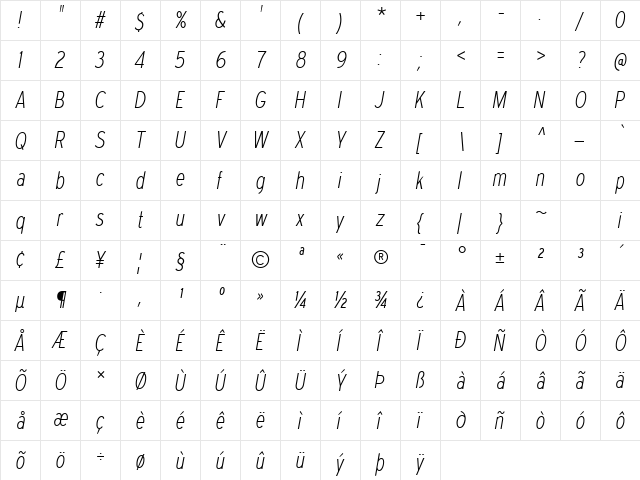 Expressway Condensed ExtraLight Italic  glyph index