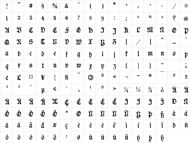 Goeschen Fraktur UNZ1A Italic  glyph index