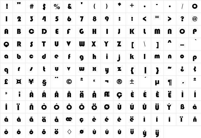 Mazeppa Regular  glyph index