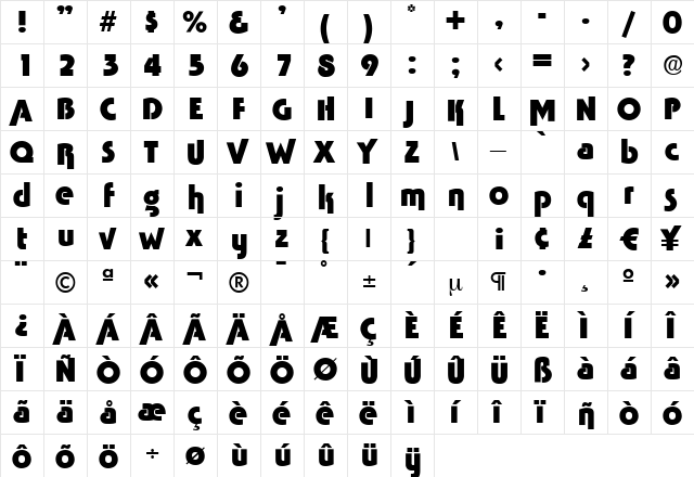 Tabasco Bold  glyph index