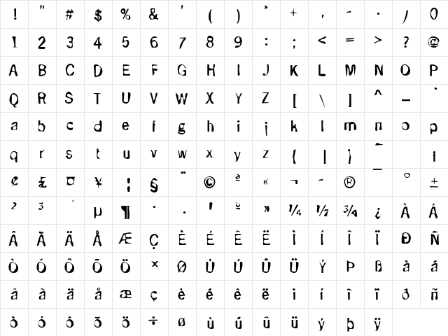 Dirty33 Becker Regular  glyph index
