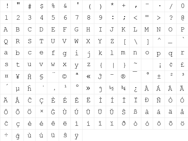 Courier New Eo Regular  glyph index