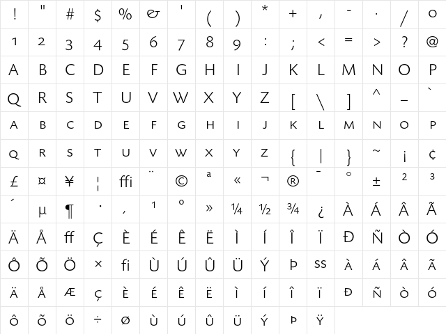TodaySB-CapsLig Regular  glyph index