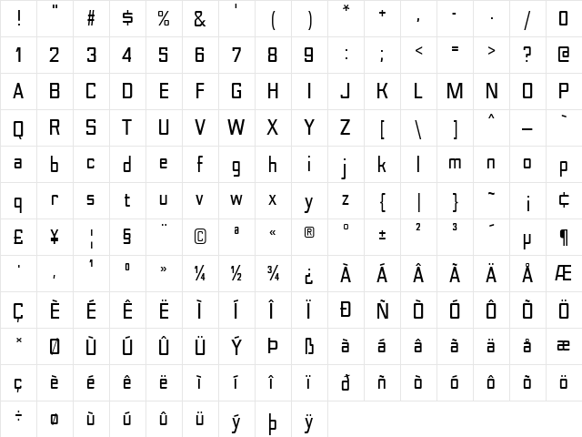 Nesobrite Semi-Condensed Bold  glyph index