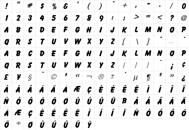 Balloon Extra Bold  glyph index