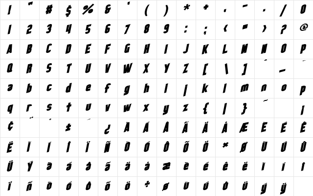 SF Obliquities Bold  glyph index