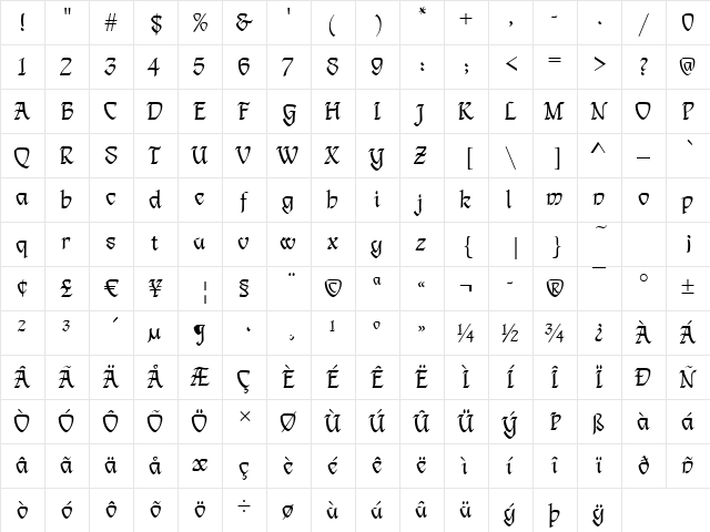 Limoges Regular  glyph index
