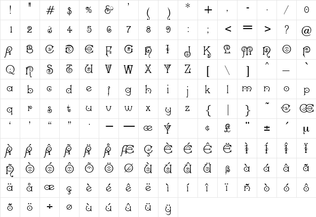 Darling Regular  glyph index