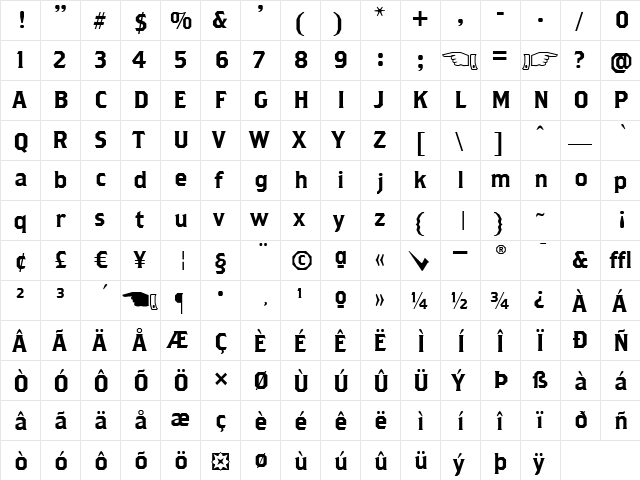 BrothersRegular Regular  glyph index