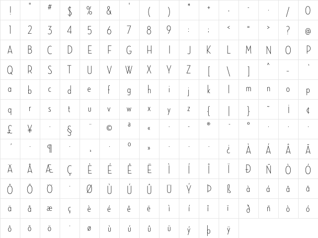 Neutraface Condensed Light Alt  glyph index