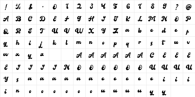 BellaFree Regular  glyph index